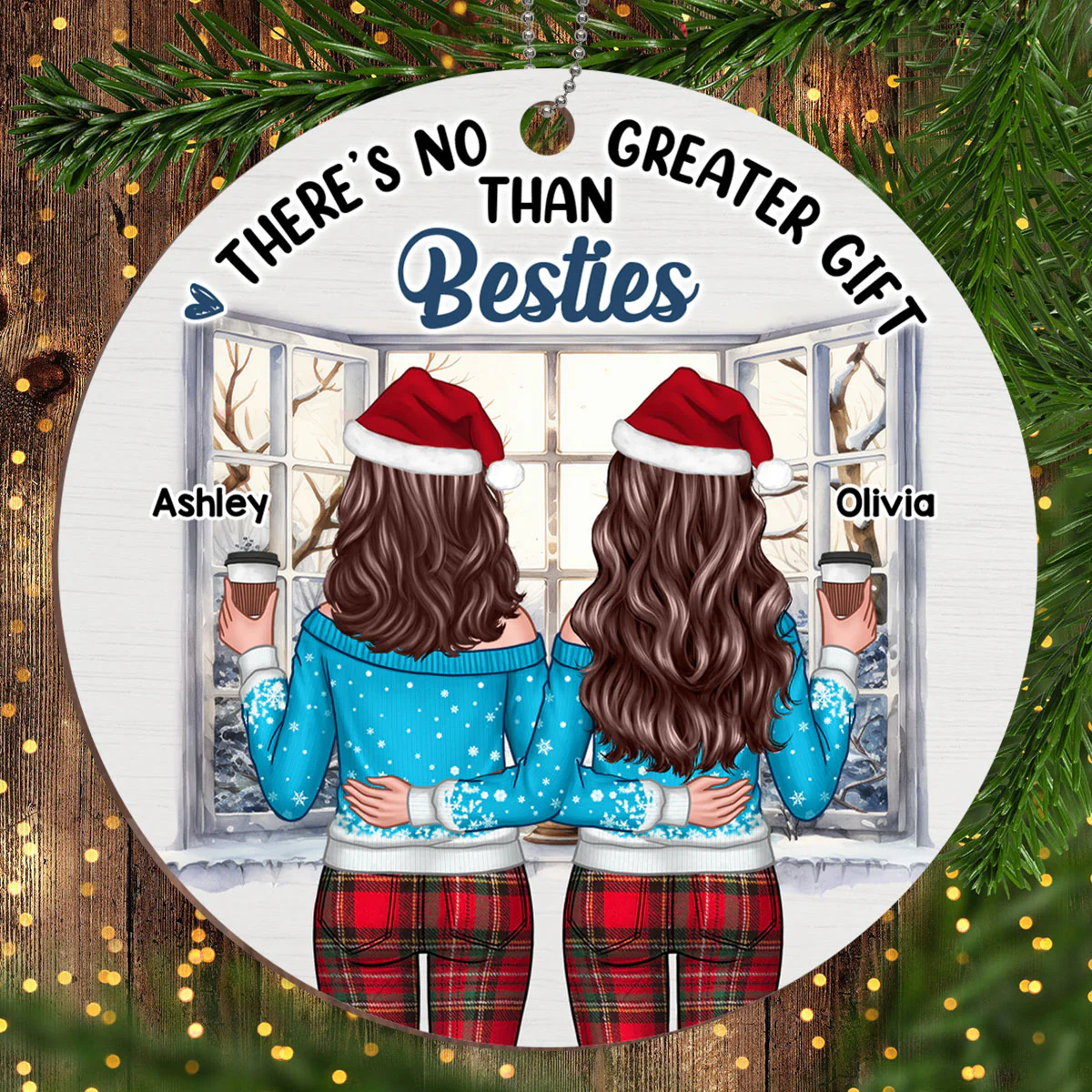 Christmas Besties Sister Standing Back View Window Personalized Wooden Ornament - Image 2