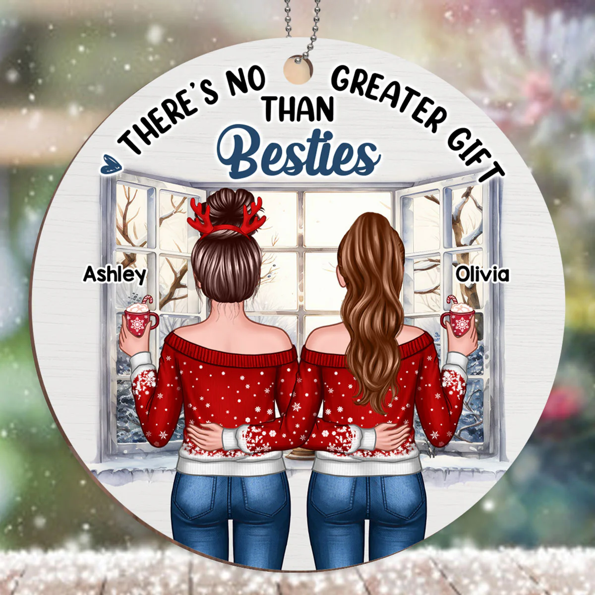 Christmas Besties Sister Standing Back View Window Personalized Wooden Ornament - Image 3