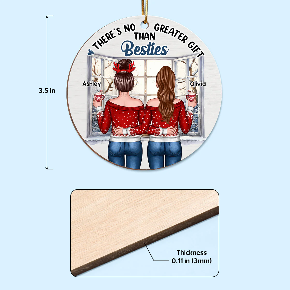 Christmas Besties Sister Standing Back View Window Personalized Wooden Ornament - Image 4