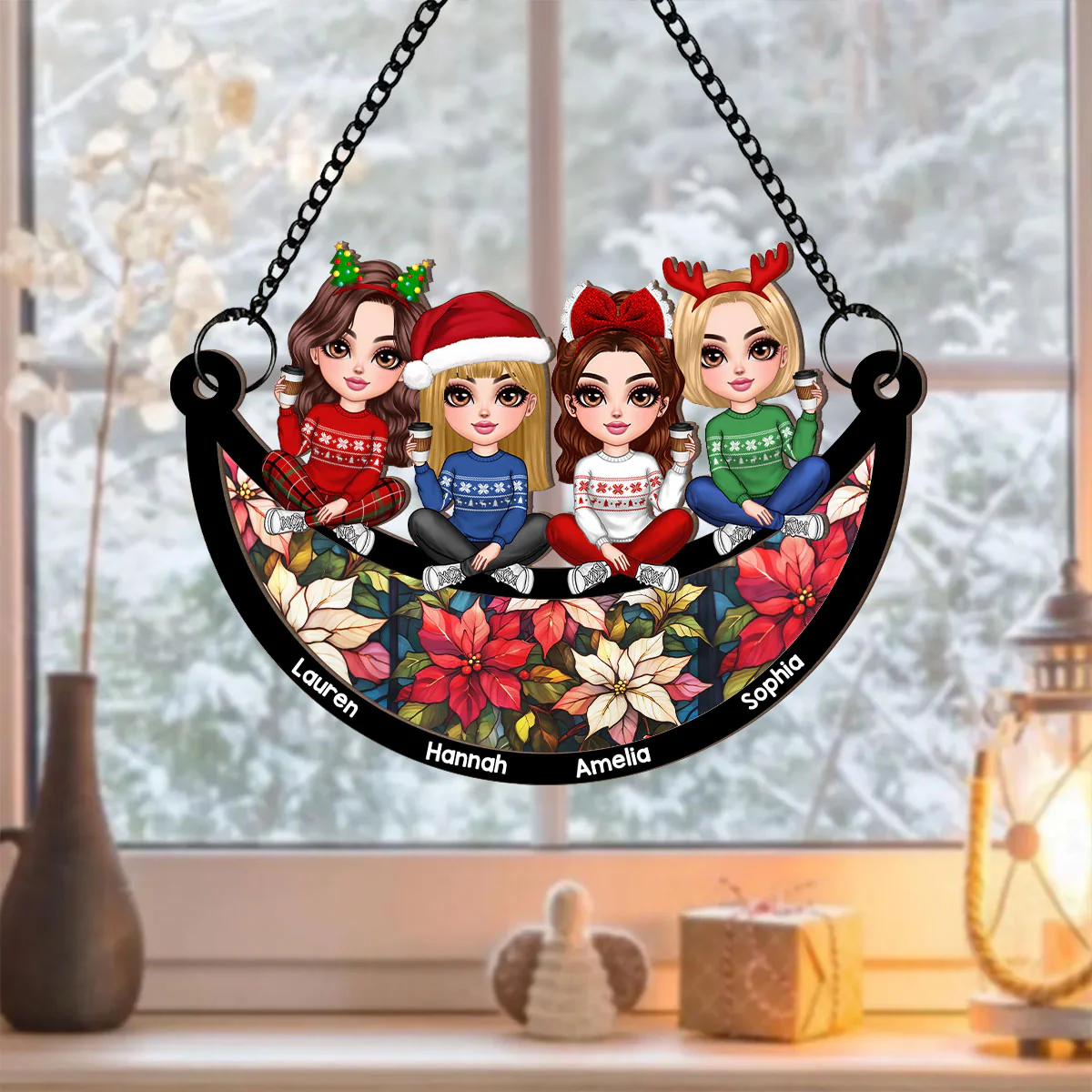 Christmas Besties Sisters Faux Stained Glass Personalized Suncatcher Ornament - Image 2