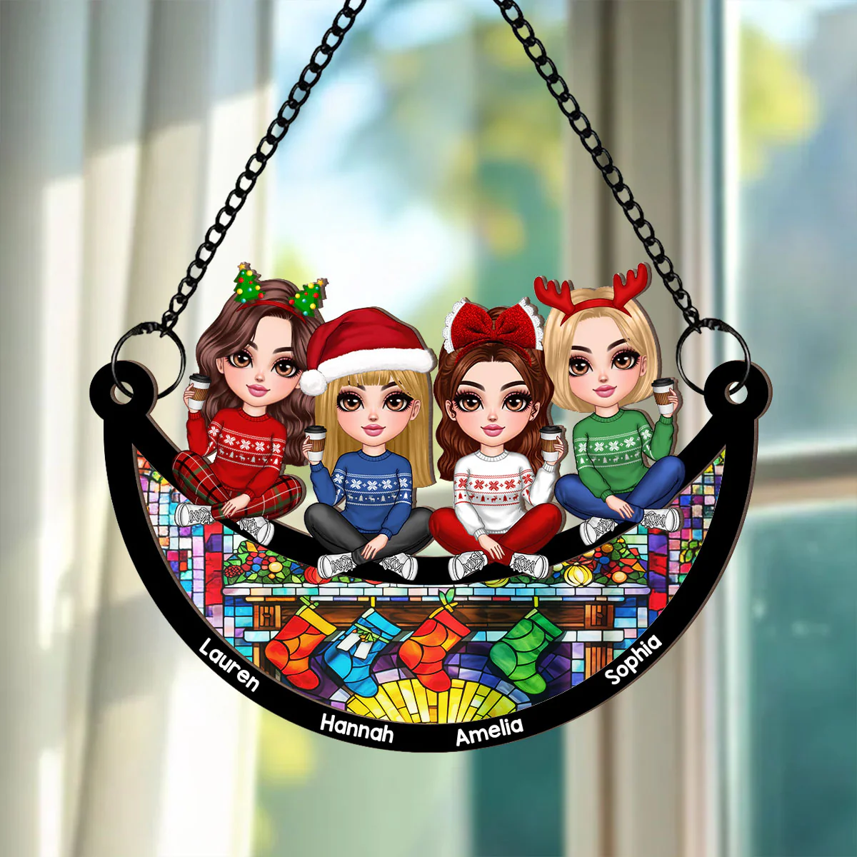 Christmas Besties Sisters Faux Stained Glass Personalized Suncatcher Ornament - Image 3