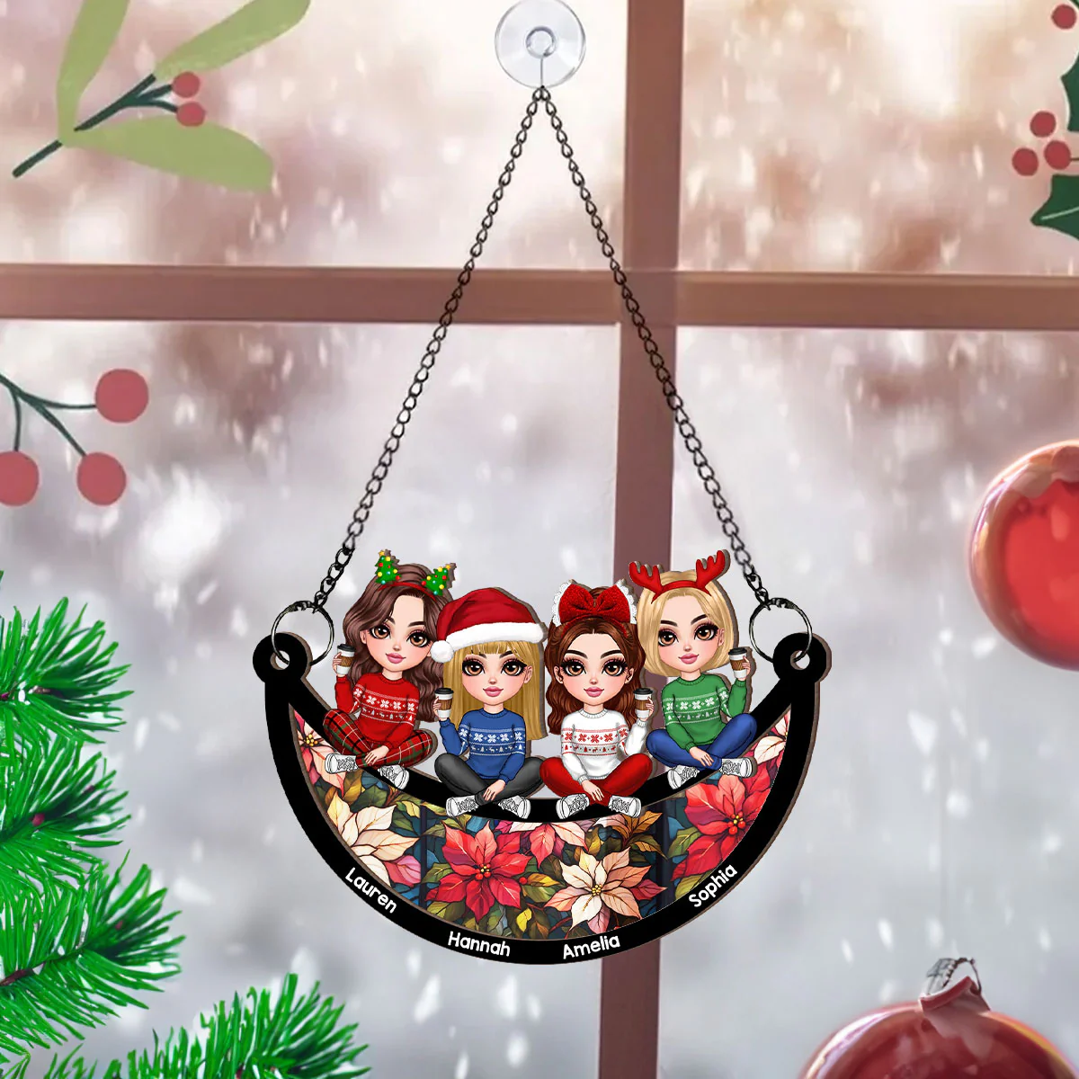 Christmas Besties Sisters Faux Stained Glass Personalized Suncatcher Ornament - Image 4