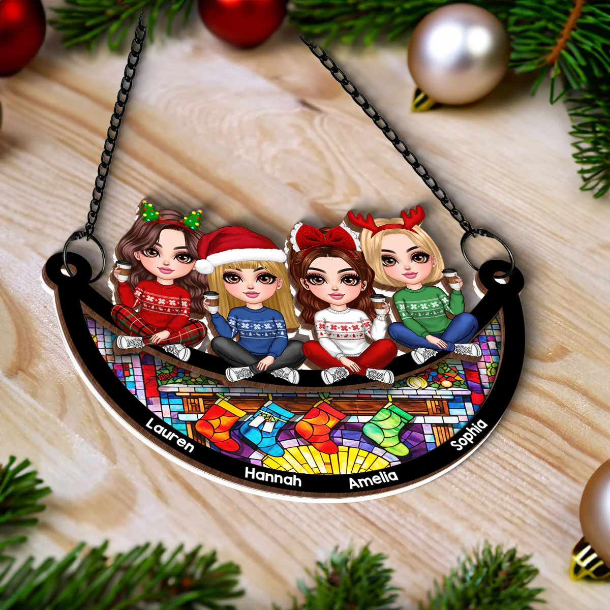 Christmas Besties Sisters Faux Stained Glass Personalized Suncatcher Ornament - Image 7
