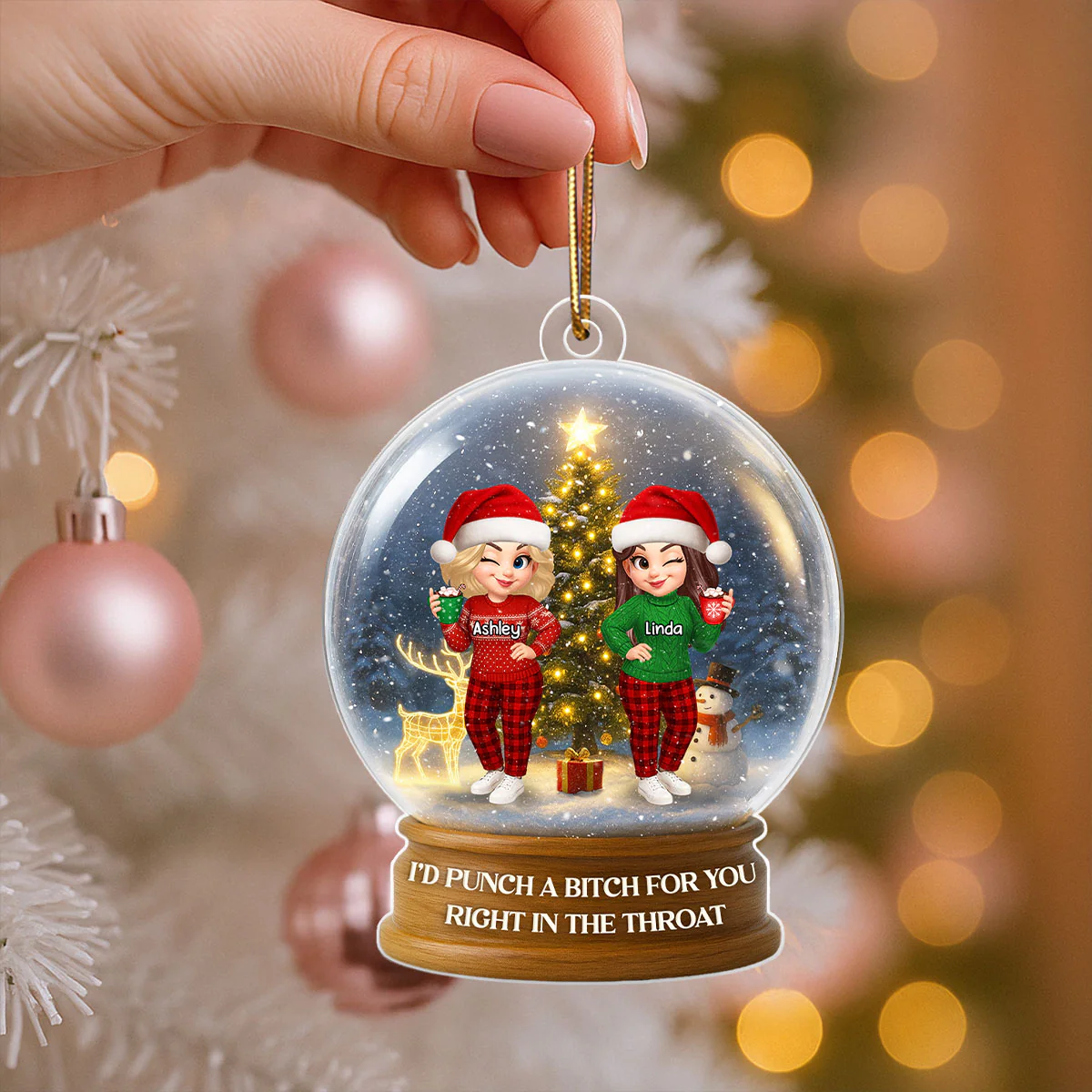 Christmas Besties Sisters In Crystal Snow Globe 3D Effect Personalized Acrylic Ornament - Image 2