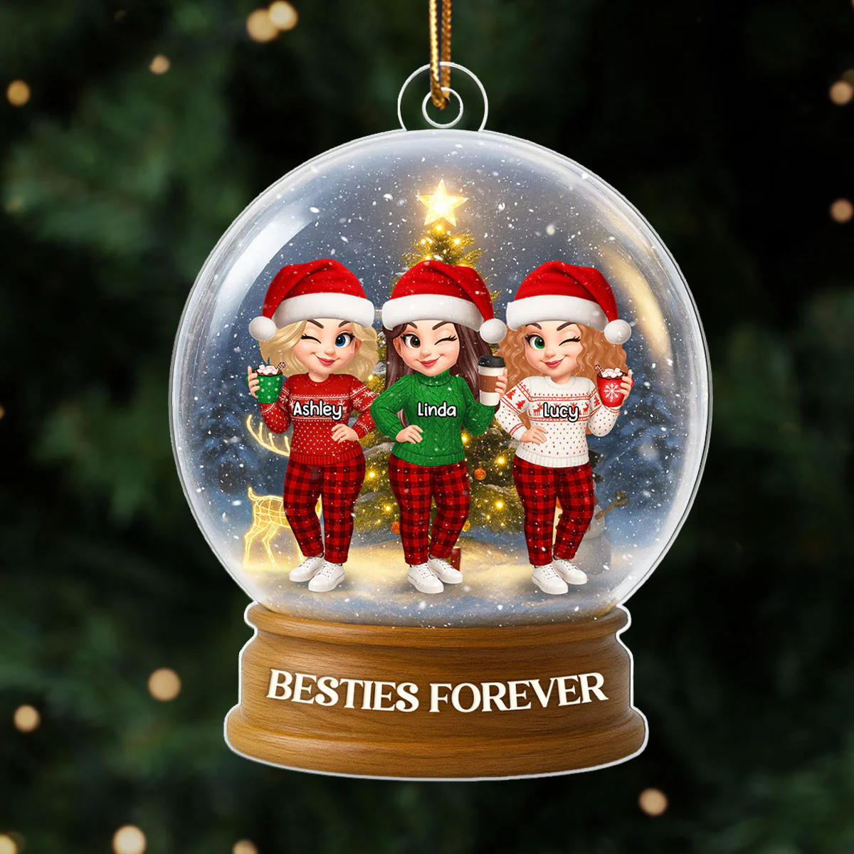 Christmas Besties Sisters In Crystal Snow Globe 3D Effect Personalized Acrylic Ornament - Image 5
