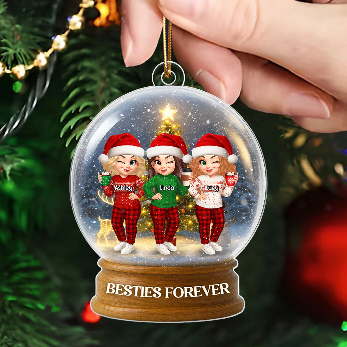 Christmas Besties Sisters In Crystal Snow Globe 3D Effect Personalized Acrylic Ornament - Image 6