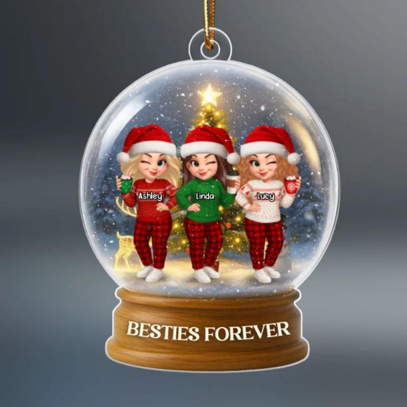 Christmas Besties Sisters In Crystal Snow Globe 3D Effect Personalized Acrylic Ornament - Image 8