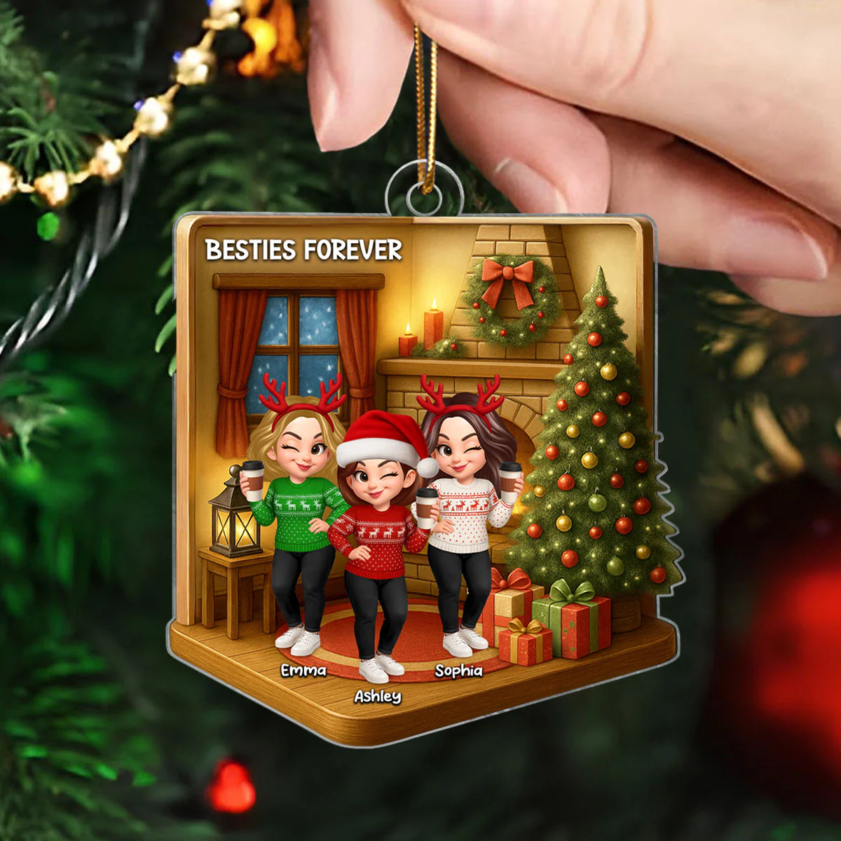 Christmas Besties Sisters In House 3D Effect Personalized Acrylic Ornament - Image 6