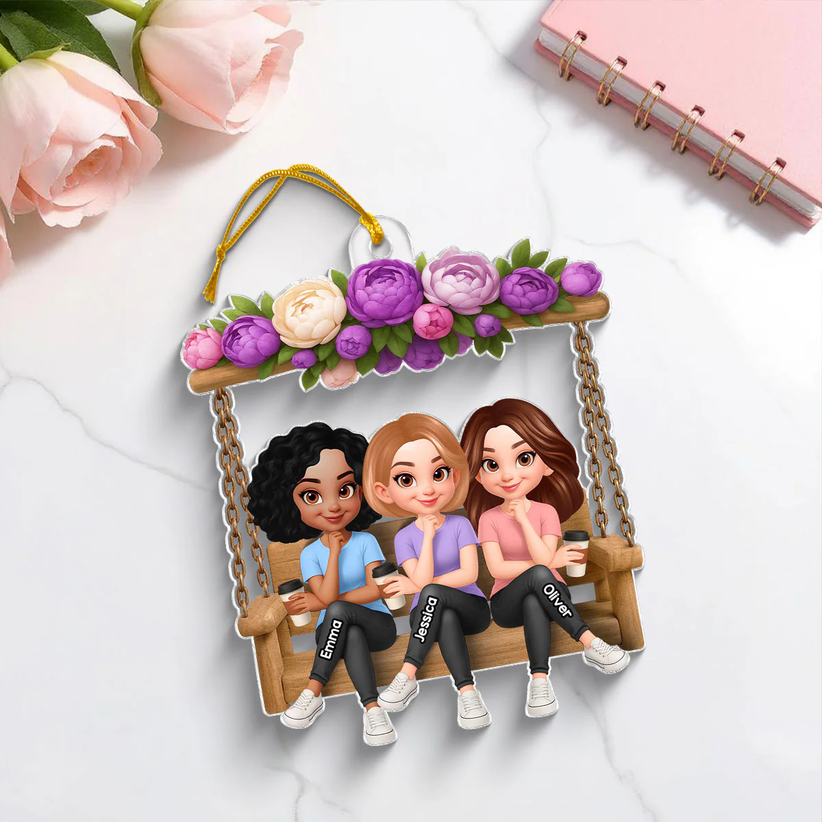 Christmas Besties Sisters On Flower Swing - Personalized Acrylic Ornament - Image 4