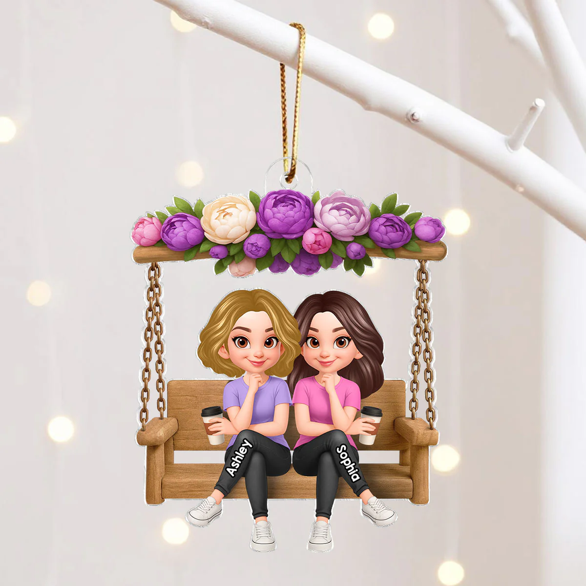 Christmas Besties Sisters On Flower Swing - Personalized Acrylic Ornament - Image 5