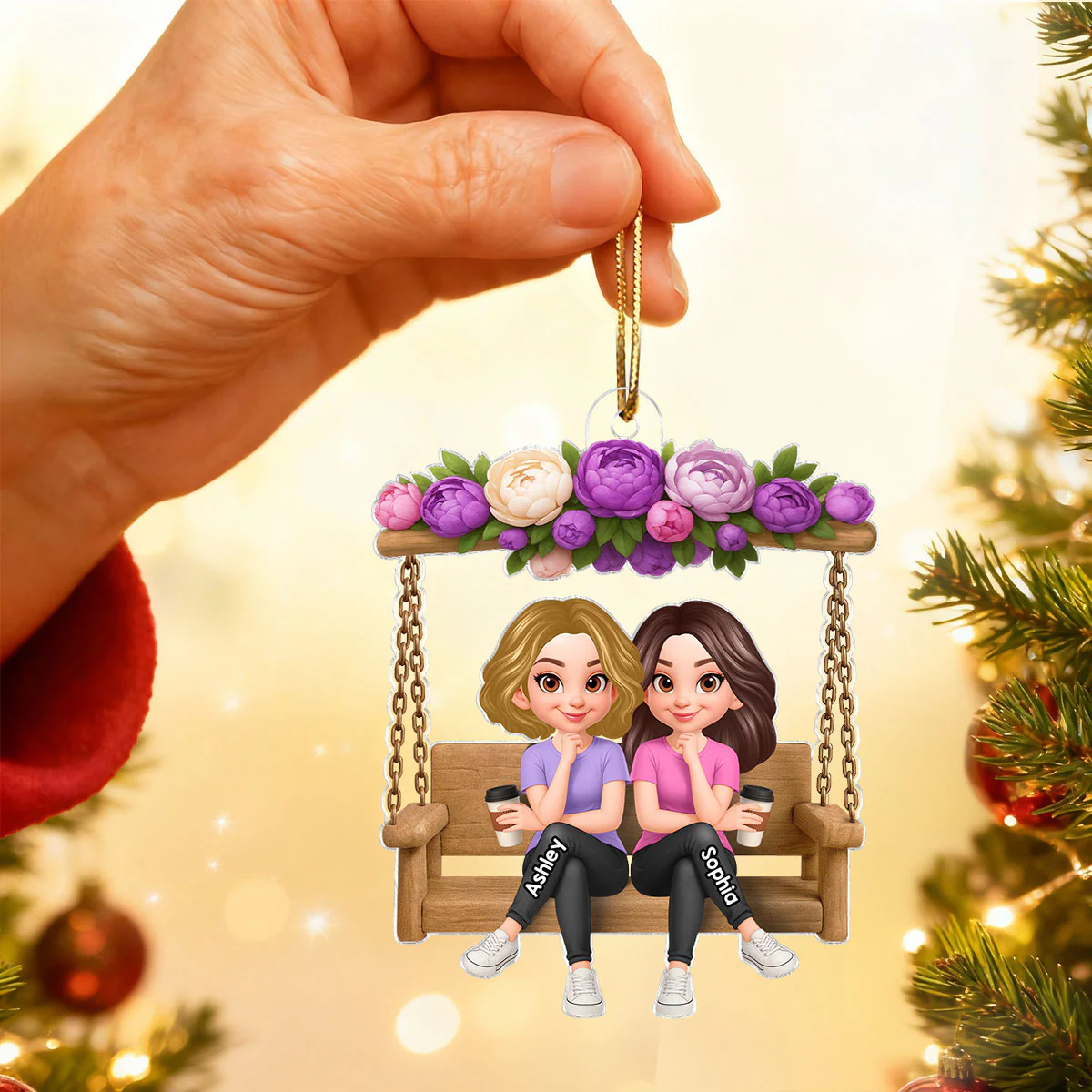 Christmas Besties Sisters On Flower Swing - Personalized Acrylic Ornament - Image 7