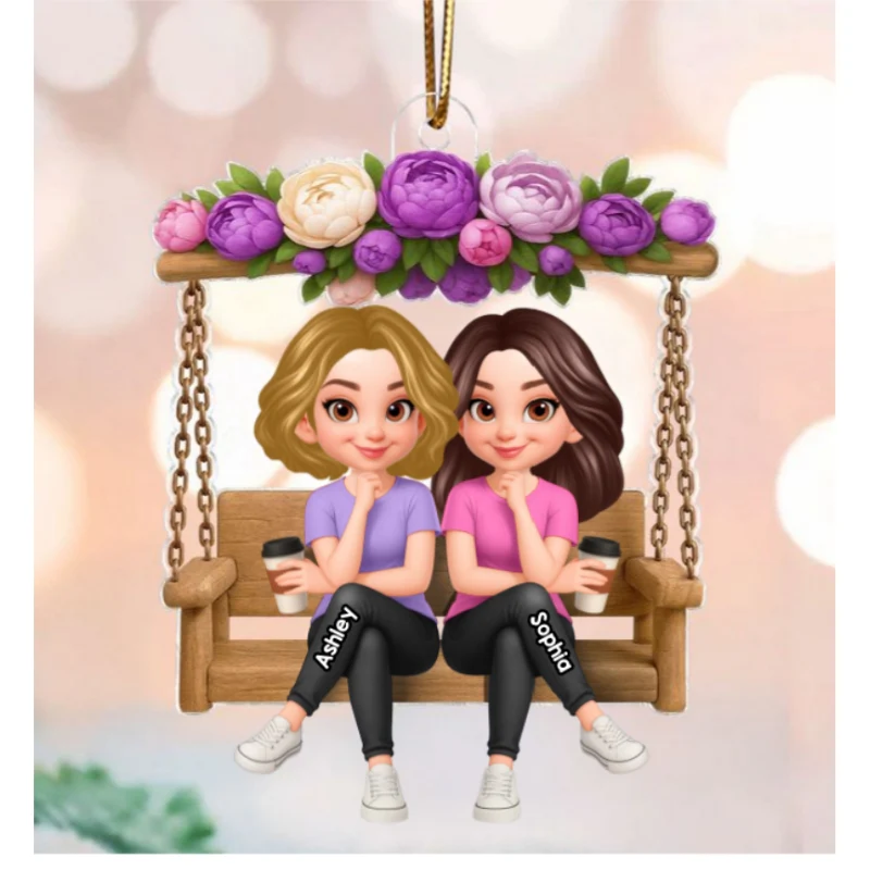 Christmas Besties Sisters On Flower Swing - Personalized Acrylic Ornament - Image 9