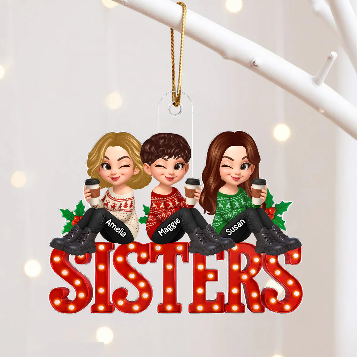 Christmas Besties Sisters Sitting On Marquee LED 3D Effect Personalized Acrylic Ornament - Image 2