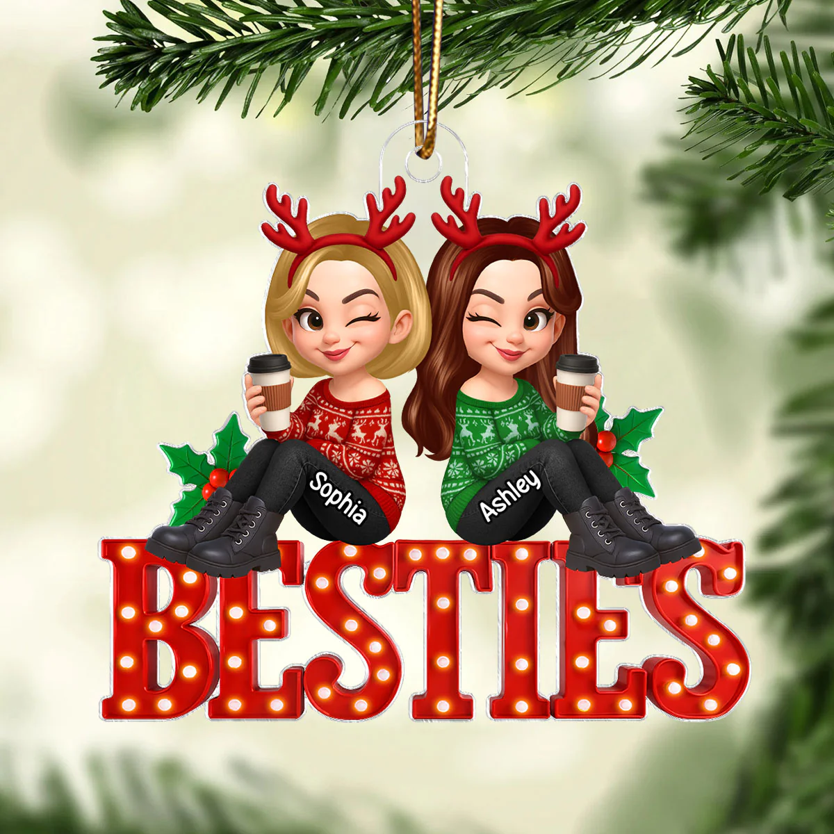 Christmas Besties Sisters Sitting On Marquee LED 3D Effect Personalized Acrylic Ornament - Image 3