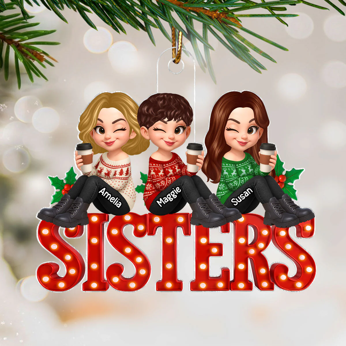 Christmas Besties Sisters Sitting On Marquee LED 3D Effect Personalized Acrylic Ornament - Image 4