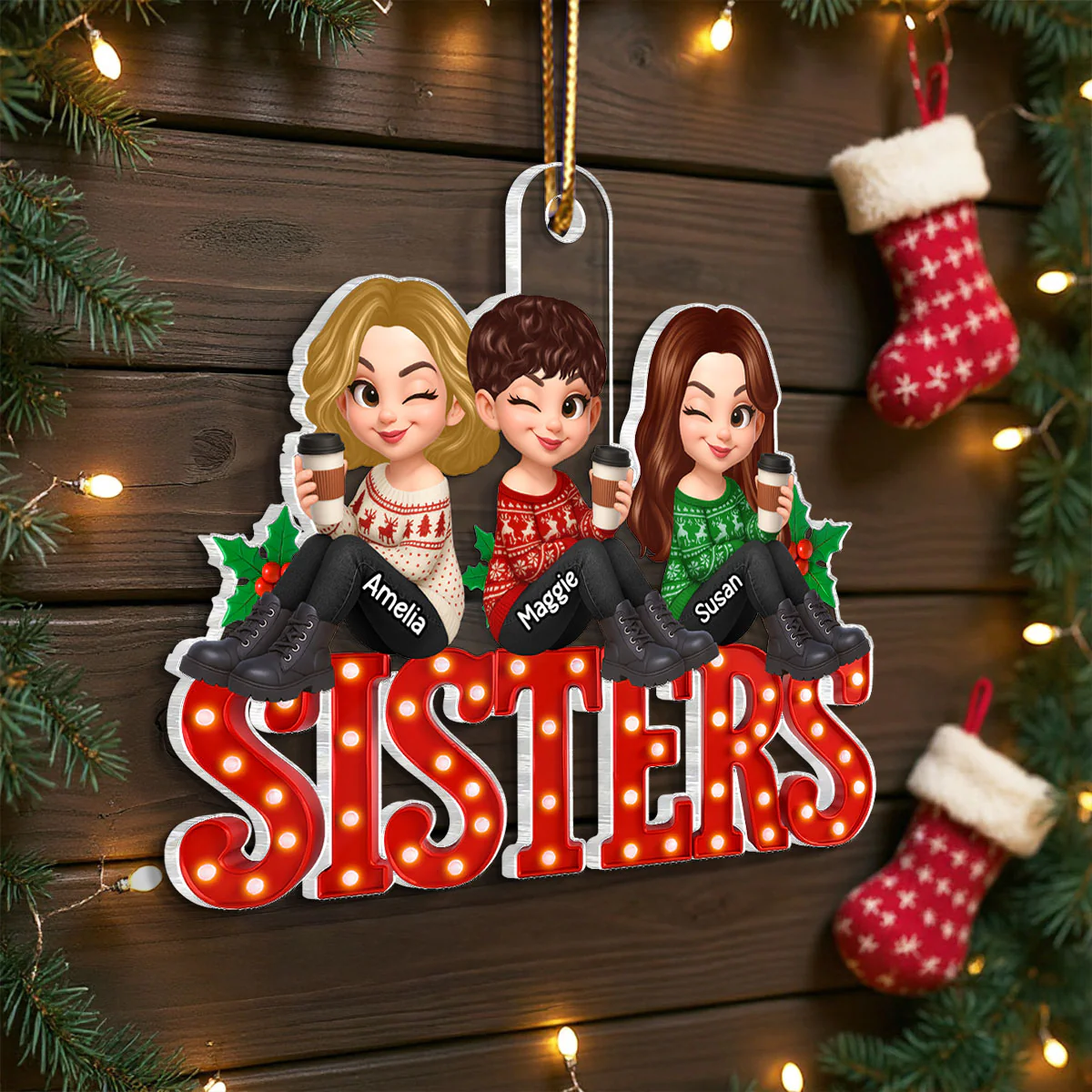 Christmas Besties Sisters Sitting On Marquee LED 3D Effect Personalized Acrylic Ornament - Image 7