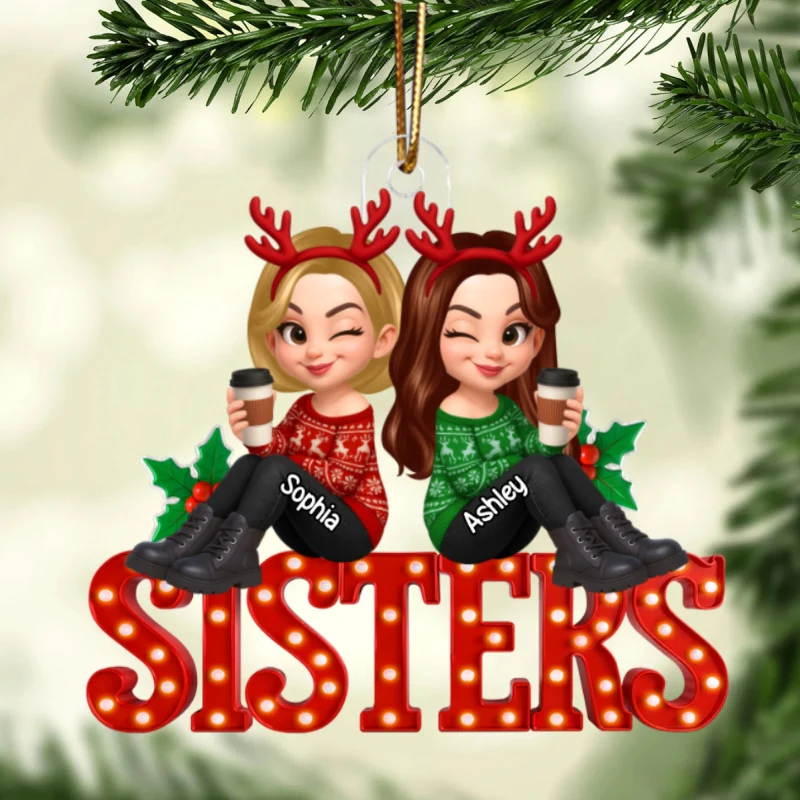 Christmas Besties Sisters Sitting On Marquee LED 3D Effect Personalized Acrylic Ornament - Image 9