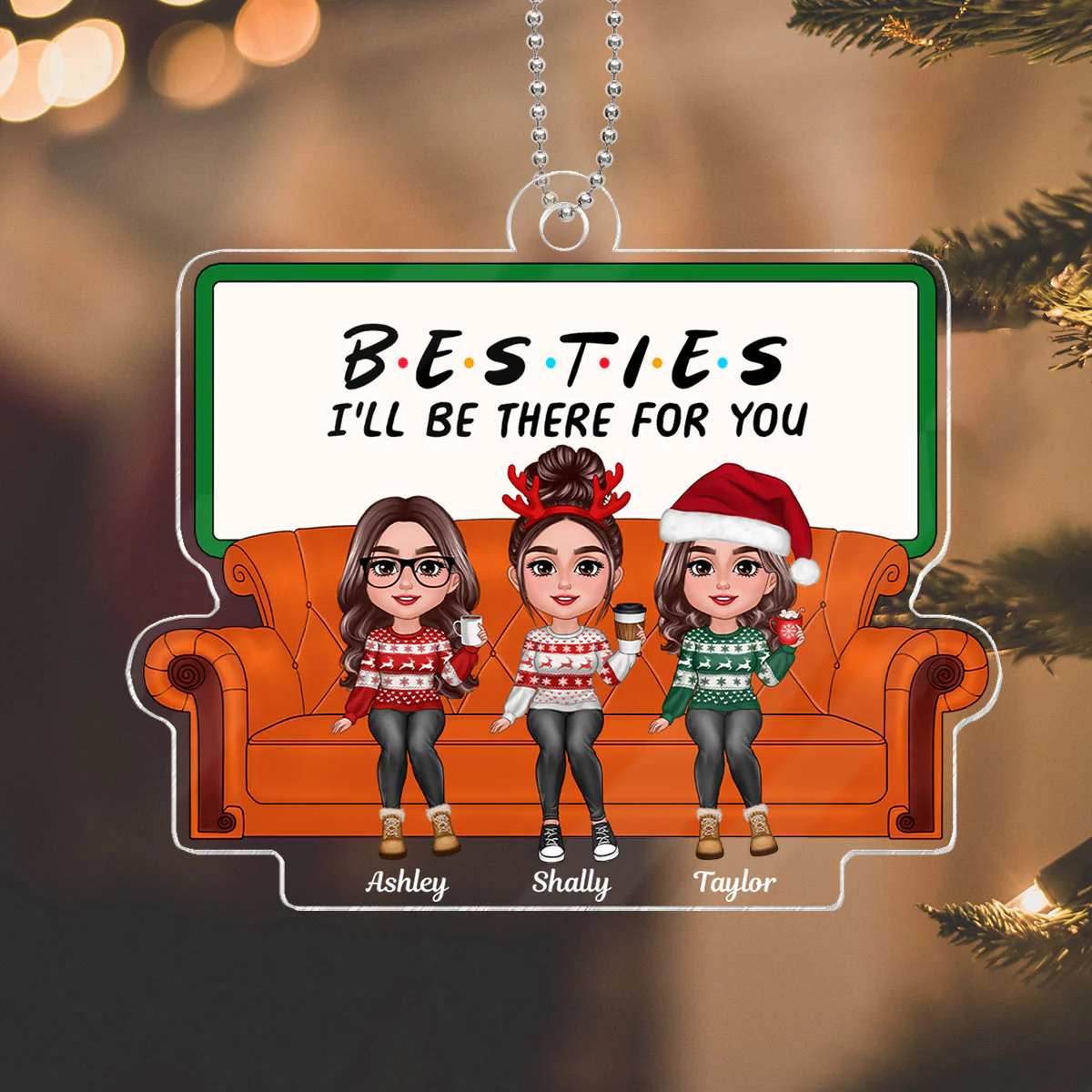 Christmas Besties Sisters Sitting On Sofa Personalized Acrylic Ornament - Image 2