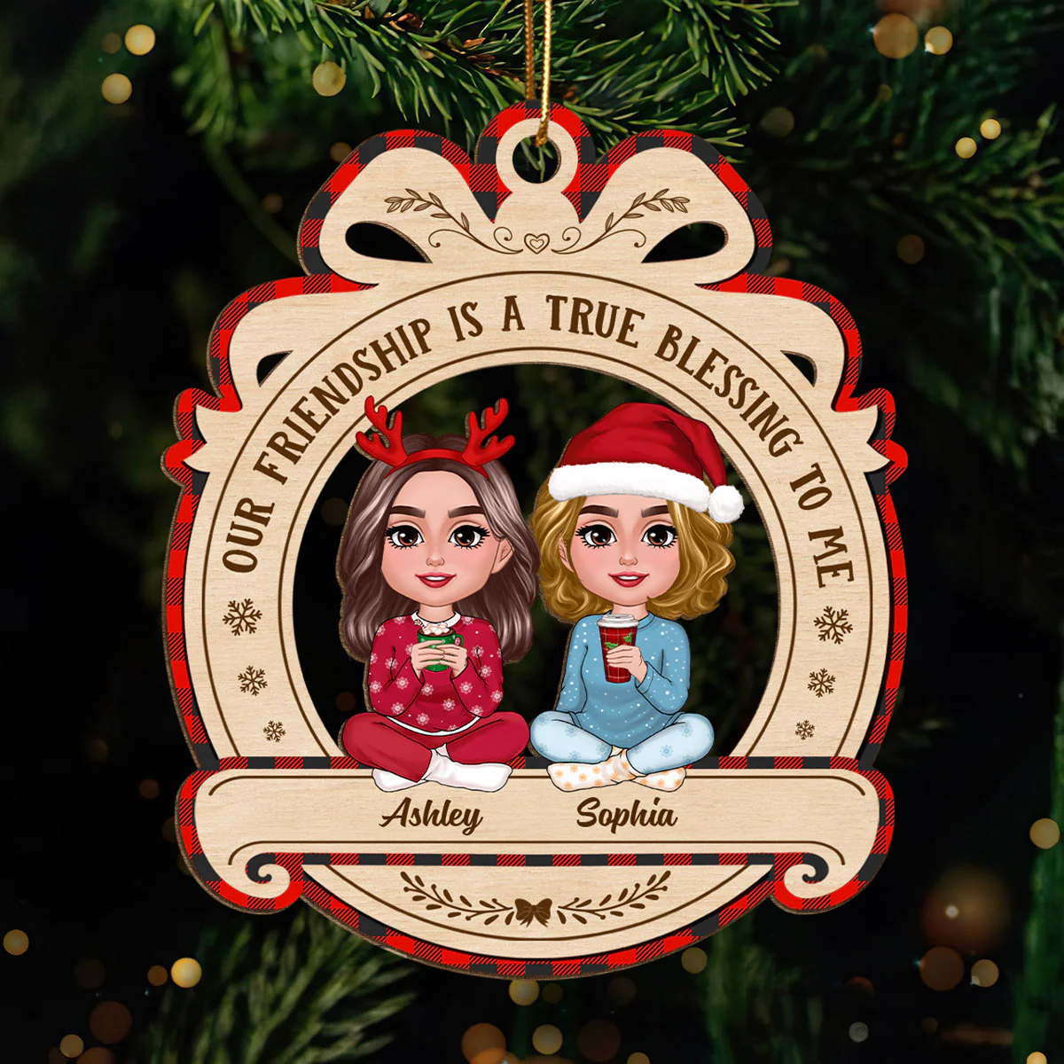 Christmas Besties Sisters Sitting Pretty Personalized Wooden Ornament - Image 2