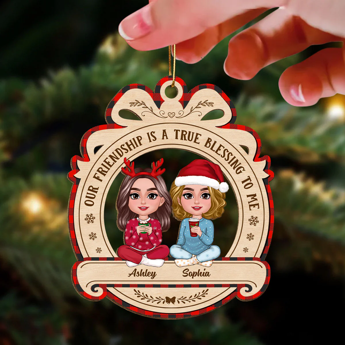 Christmas Besties Sisters Sitting Pretty Personalized Wooden Ornament - Image 3
