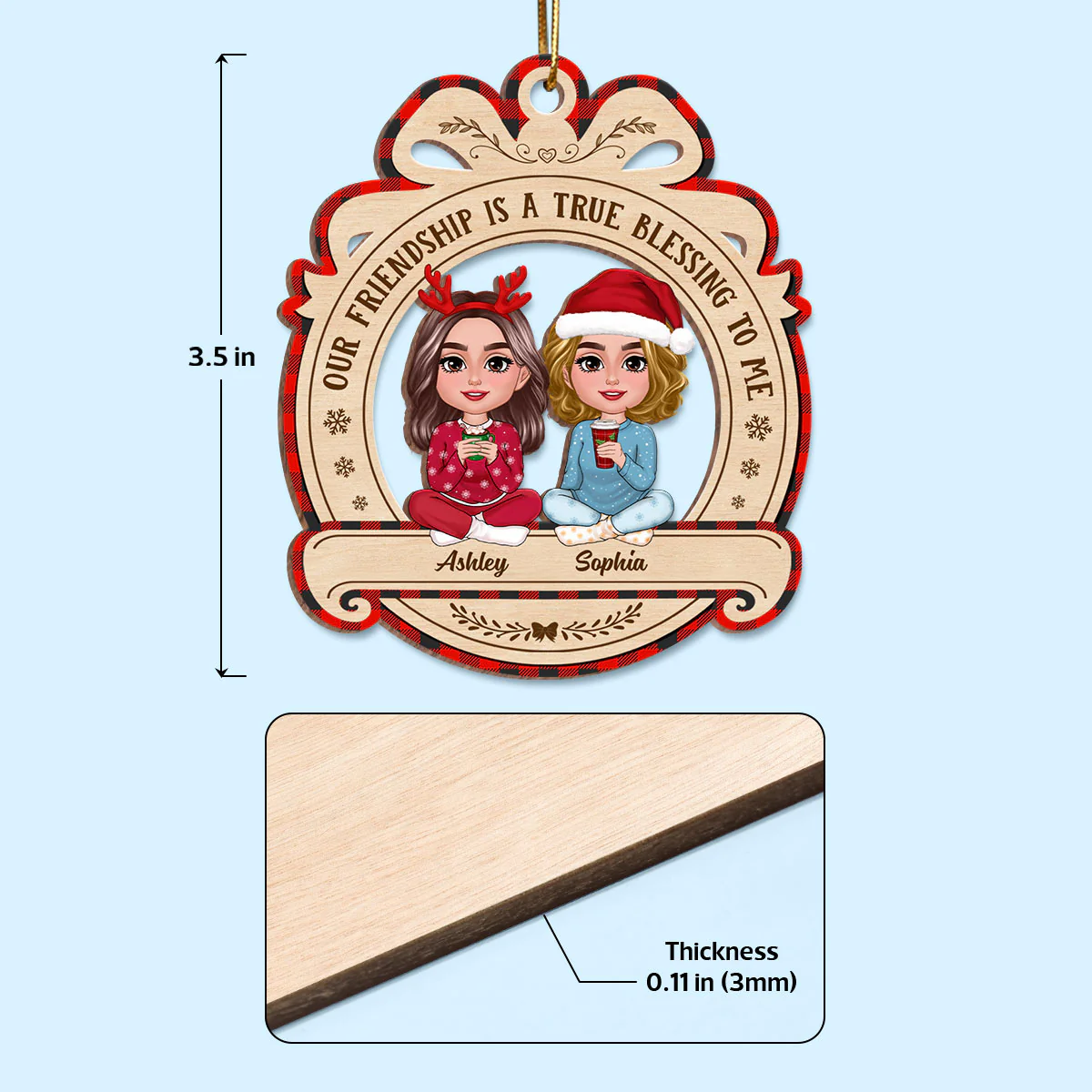 Christmas Besties Sisters Sitting Pretty Personalized Wooden Ornament - Image 4