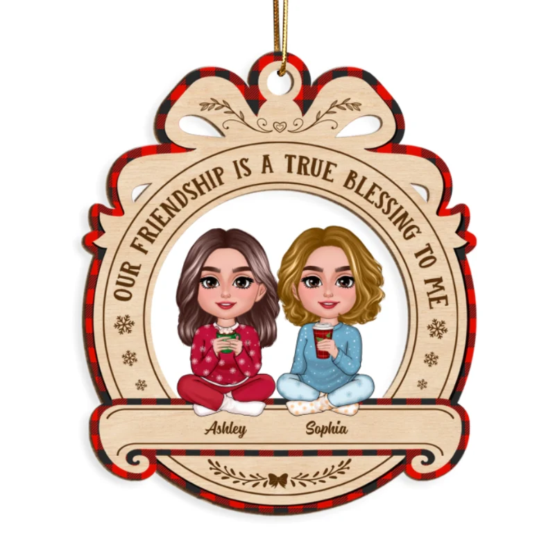 Christmas Besties Sisters Sitting Pretty Personalized Wooden Ornament - Image 5