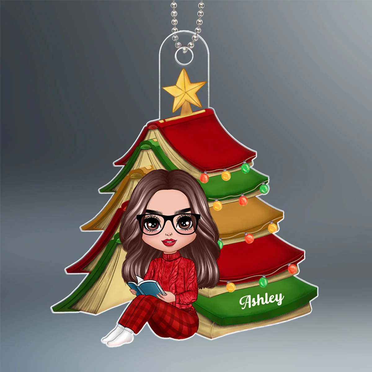 Christmas Book Tree Reading Girl Sitting Personalized Acrylic Ornament - Image 2