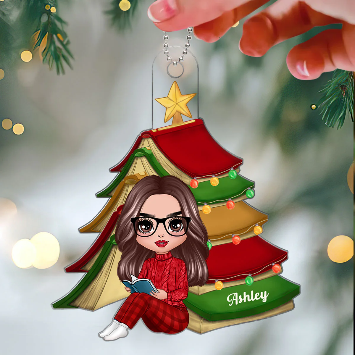 Christmas Book Tree Reading Girl Sitting Personalized Acrylic Ornament - Image 3