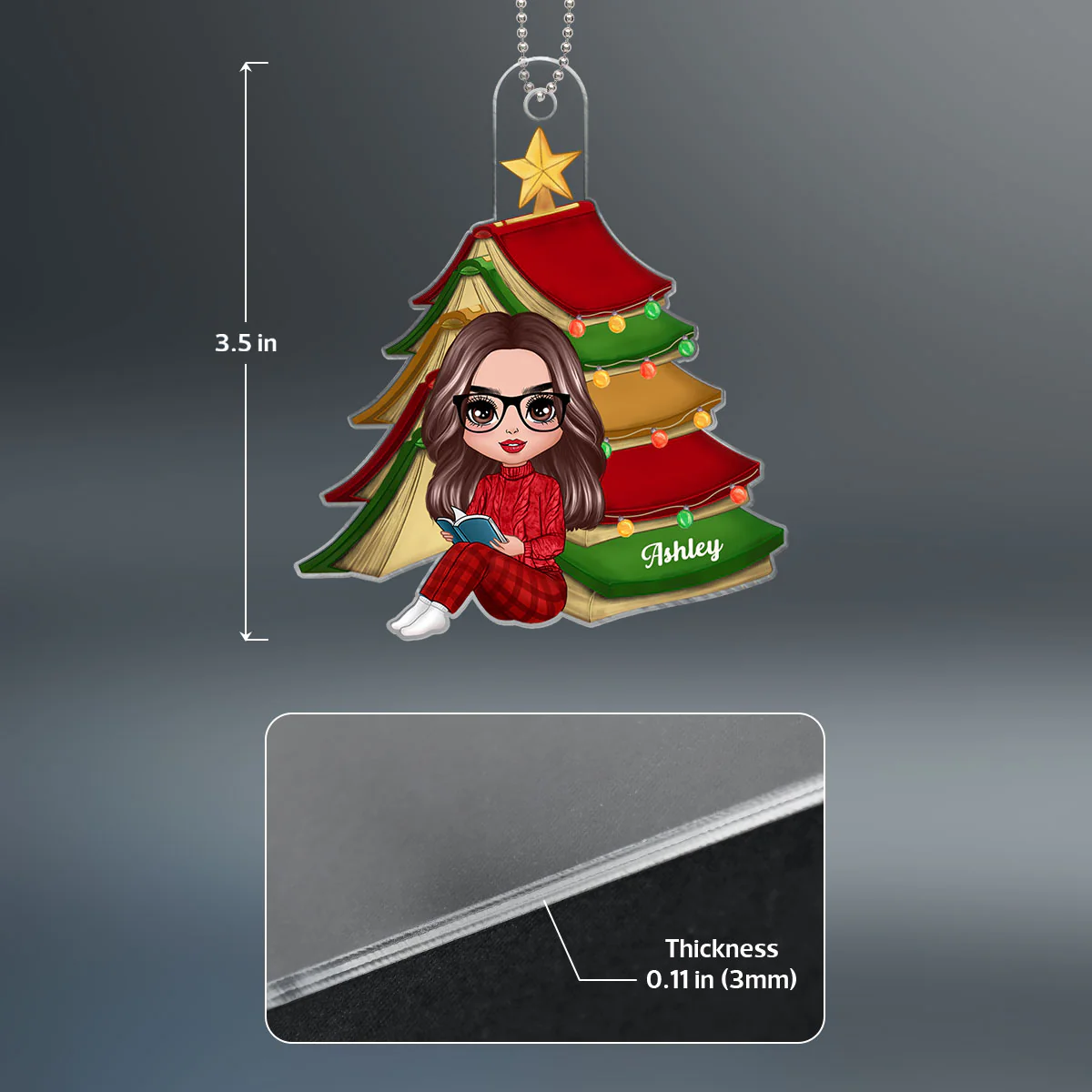 Christmas Book Tree Reading Girl Sitting Personalized Acrylic Ornament - Image 4