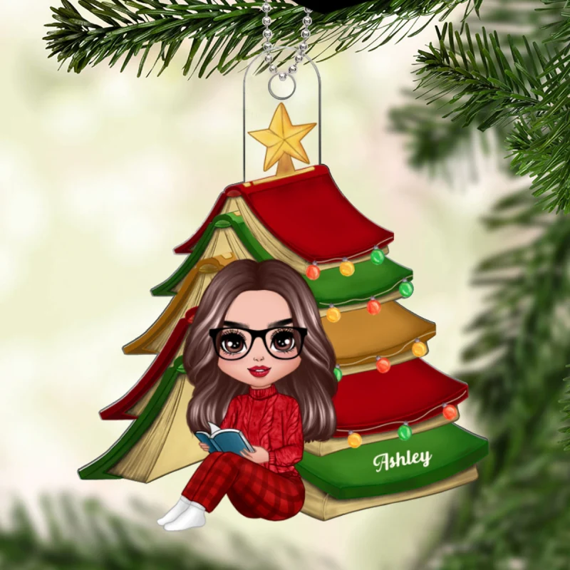 Christmas Book Tree Reading Girl Sitting Personalized Acrylic Ornament - Image 5