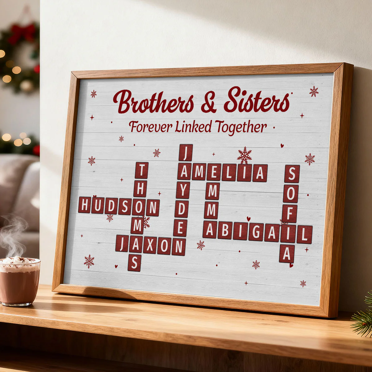 Christmas Brothers & Sisters Forever Linked Together Crossword Puzzle Art - Personalized Poster - Gift For Brothers, Sisters, Siblings, Family - Image 2