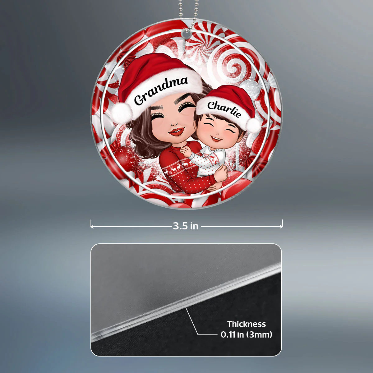 Christmas Candy Cane Grandma Hugging Grandkid Personalized Acrylic Ornament - Image 4