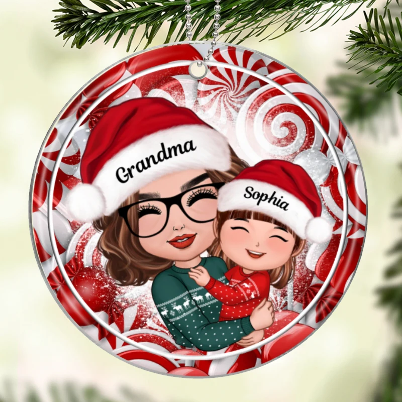 Christmas Candy Cane Grandma Hugging Grandkid Personalized Acrylic Ornament - Image 5