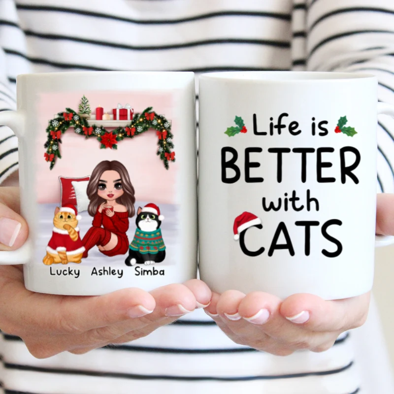 Christmas Cat Mom Sitting On Bed Life Is Better With Cats Personalized Mug - Image 2