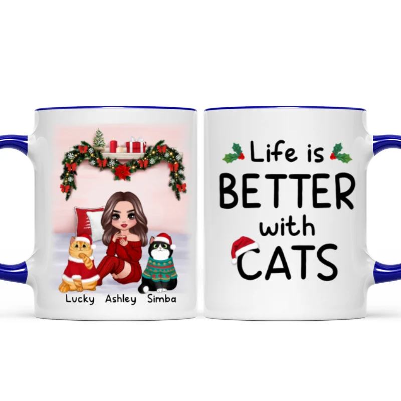 Christmas Cat Mom Sitting On Bed Life Is Better With Cats Personalized Mug - Image 4