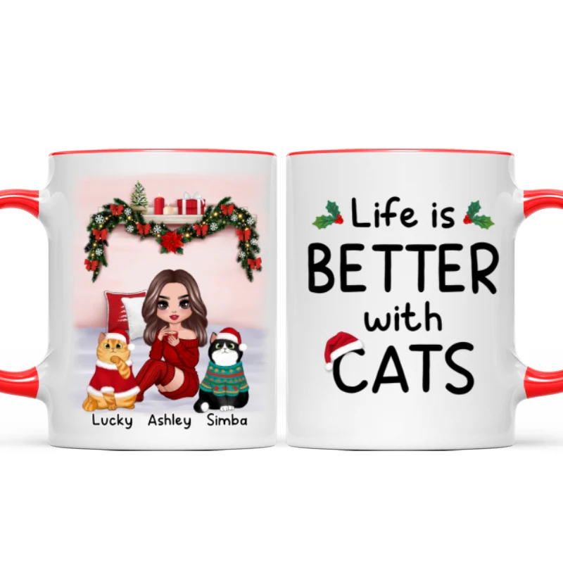 Christmas Cat Mom Sitting On Bed Life Is Better With Cats Personalized Mug - Image 5