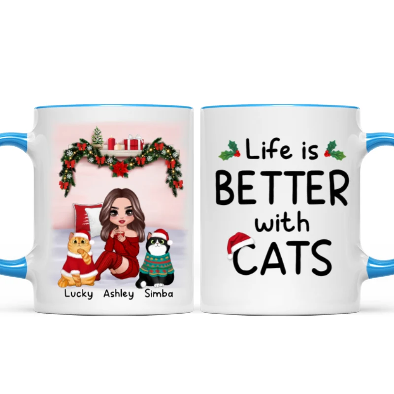 Christmas Cat Mom Sitting On Bed Life Is Better With Cats Personalized Mug - Image 6