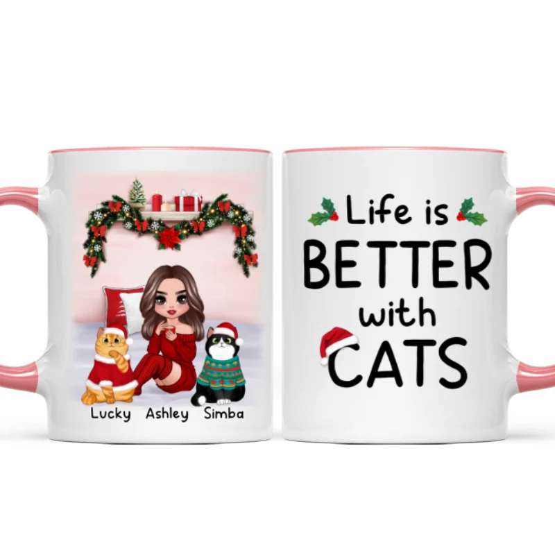 Christmas Cat Mom Sitting On Bed Life Is Better With Cats Personalized Mug - Image 7
