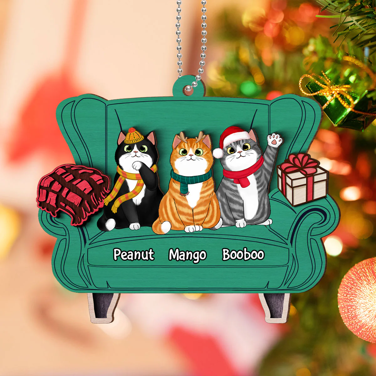 Christmas Cats On Sofa Personalized 2-Layer Wooden Ornament - Image 2