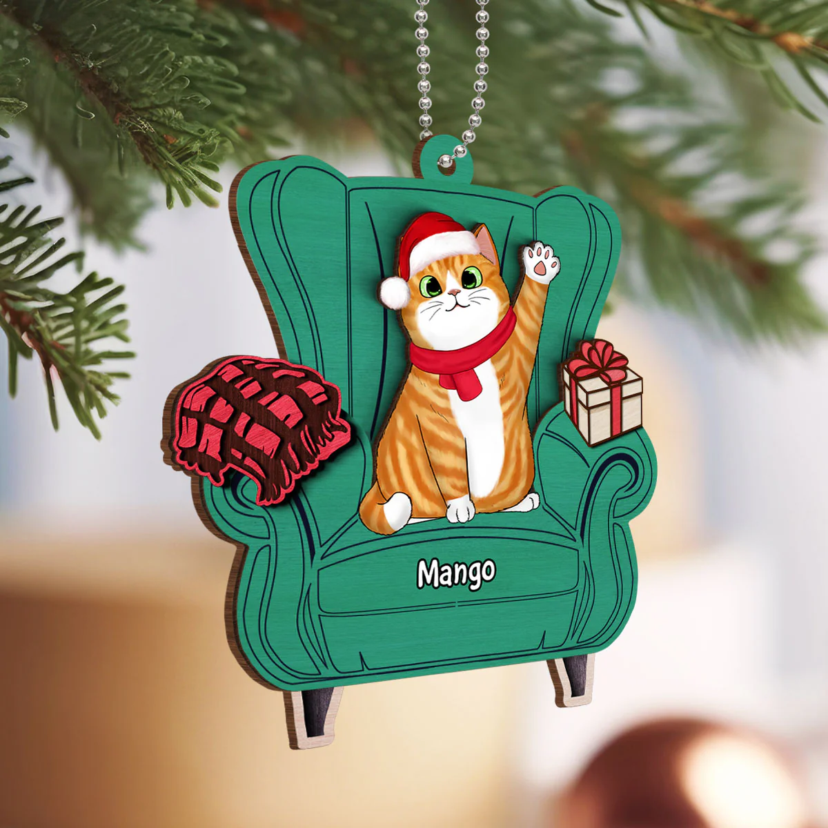 Christmas Cats On Sofa Personalized 2-Layer Wooden Ornament - Image 3