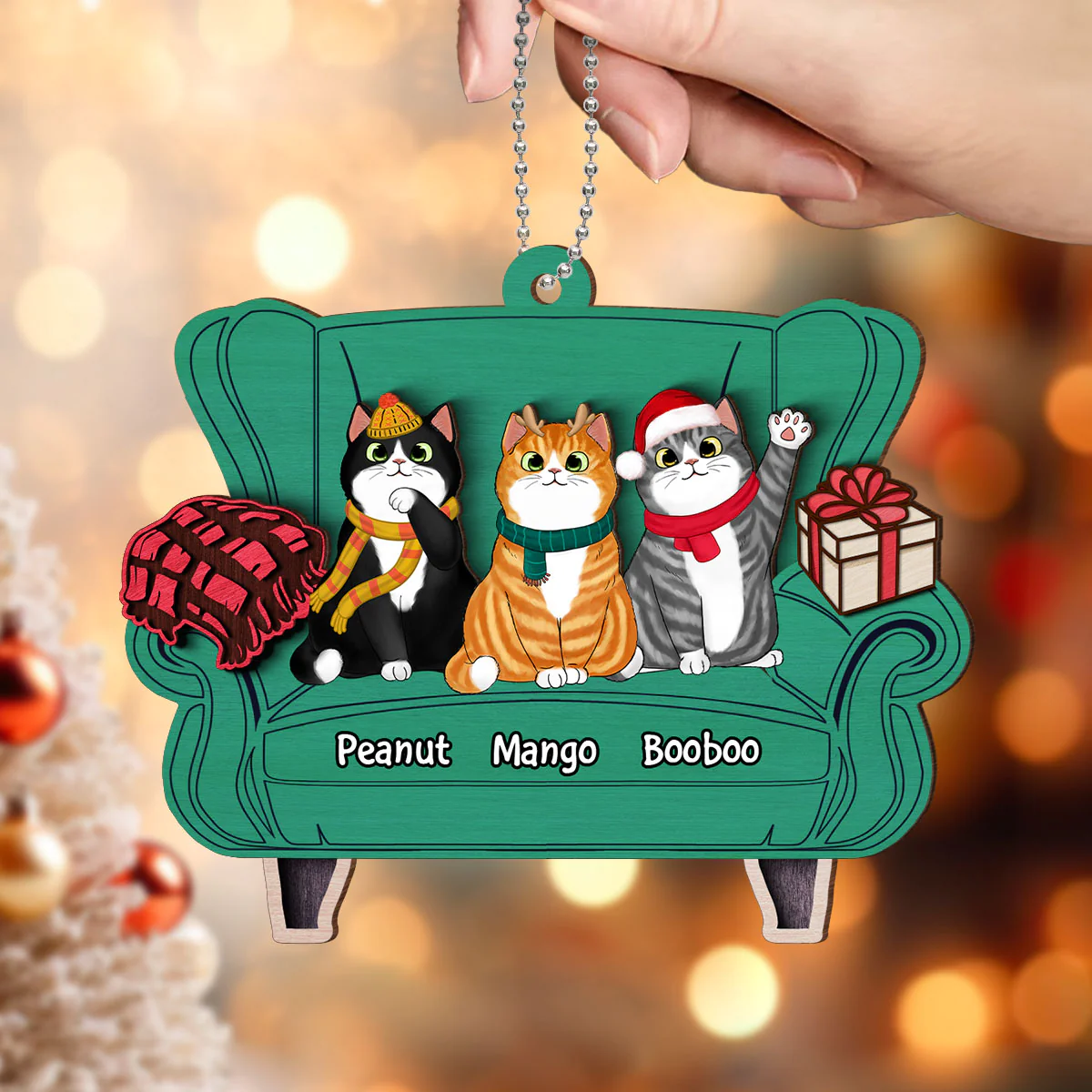 Christmas Cats On Sofa Personalized 2-Layer Wooden Ornament - Image 4