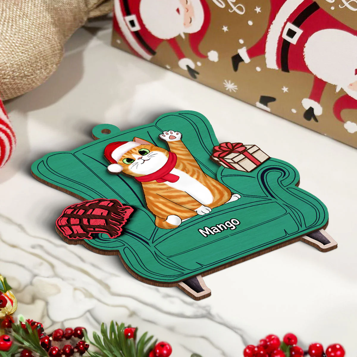 Christmas Cats On Sofa Personalized 2-Layer Wooden Ornament - Image 5