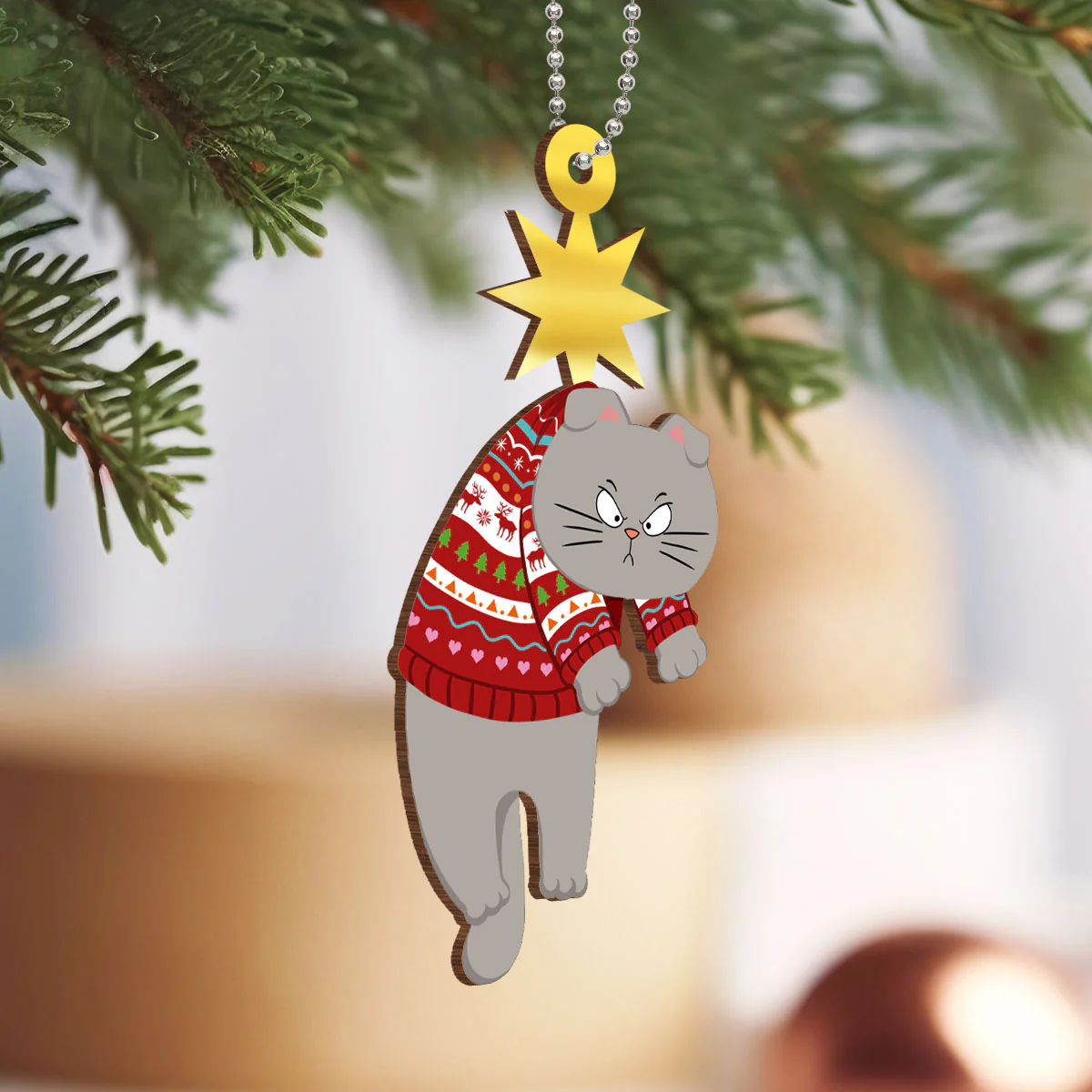 Christmas Cats & Star Personalized Wooden Ornament - Image 3