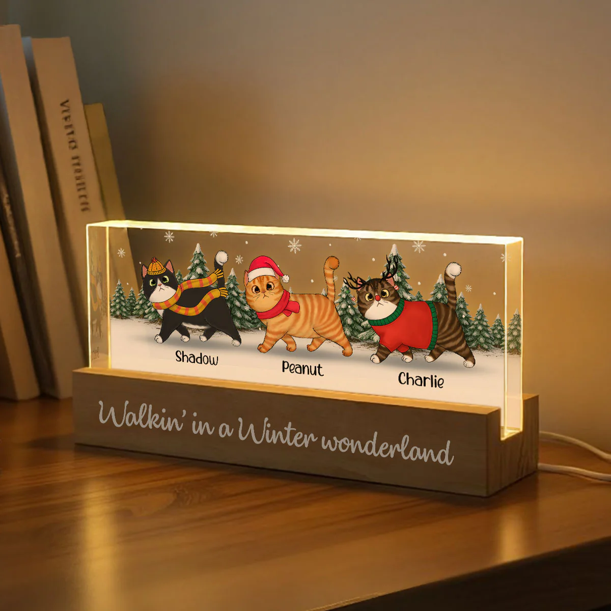 Christmas Cats Walking In A Winter Wonderland - Personalized Acrylic Block Plaque LED Night Light - Image 2