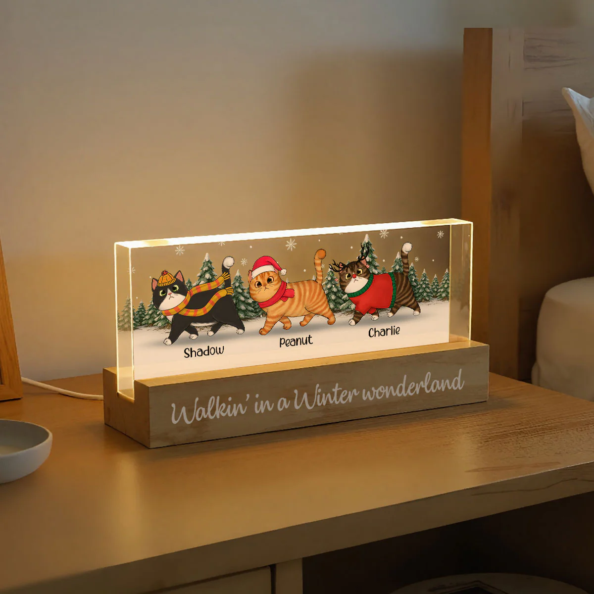 Christmas Cats Walking In A Winter Wonderland - Personalized Acrylic Block Plaque LED Night Light - Image 3