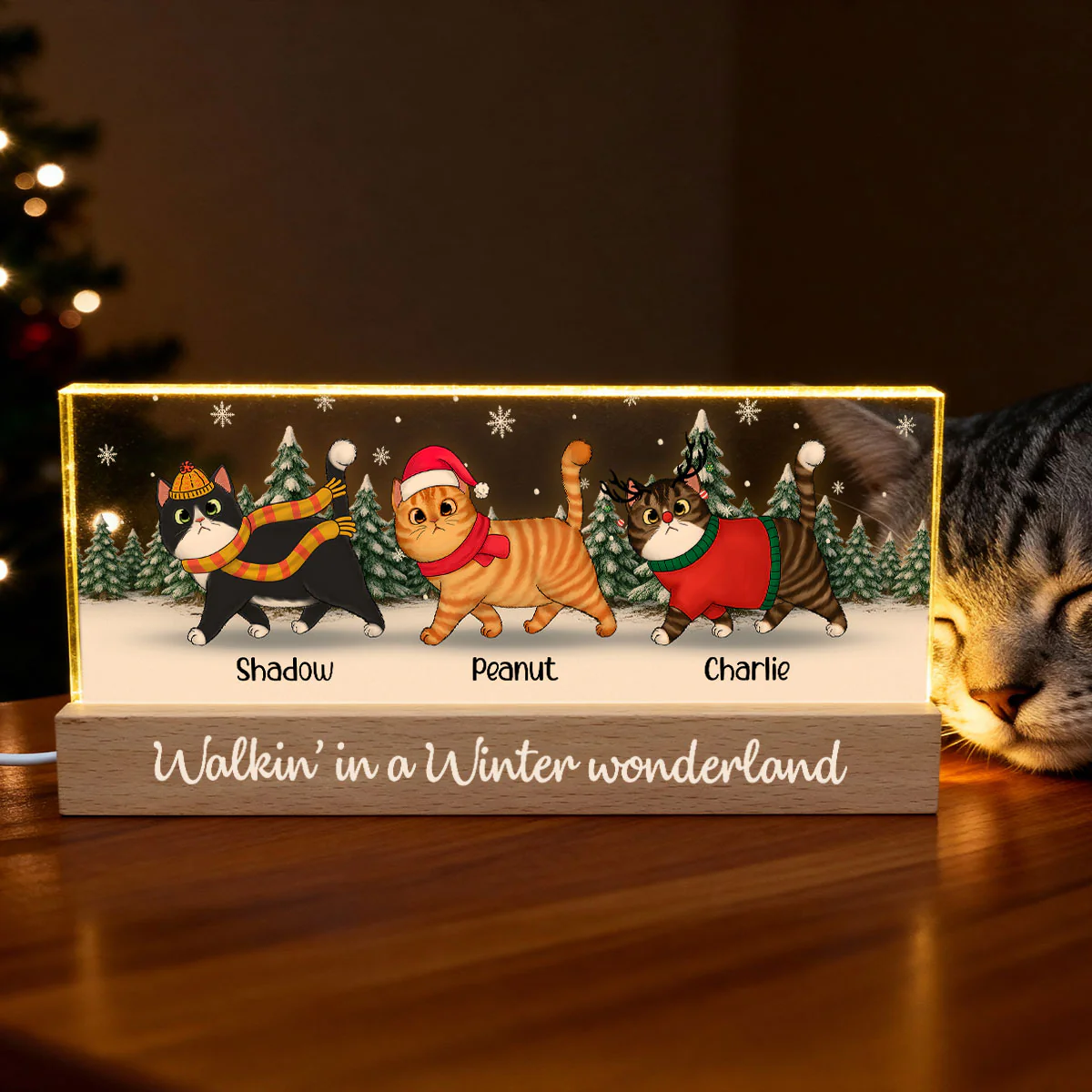 Christmas Cats Walking In A Winter Wonderland - Personalized Acrylic Block Plaque LED Night Light - Image 4