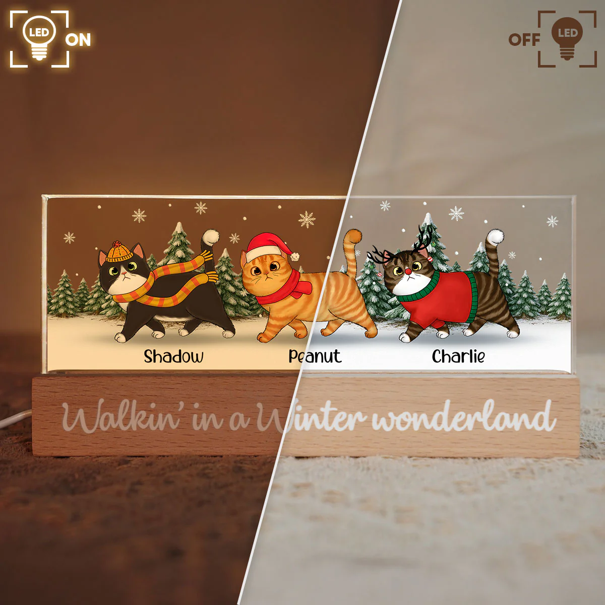 Christmas Cats Walking In A Winter Wonderland - Personalized Acrylic Block Plaque LED Night Light - Image 6