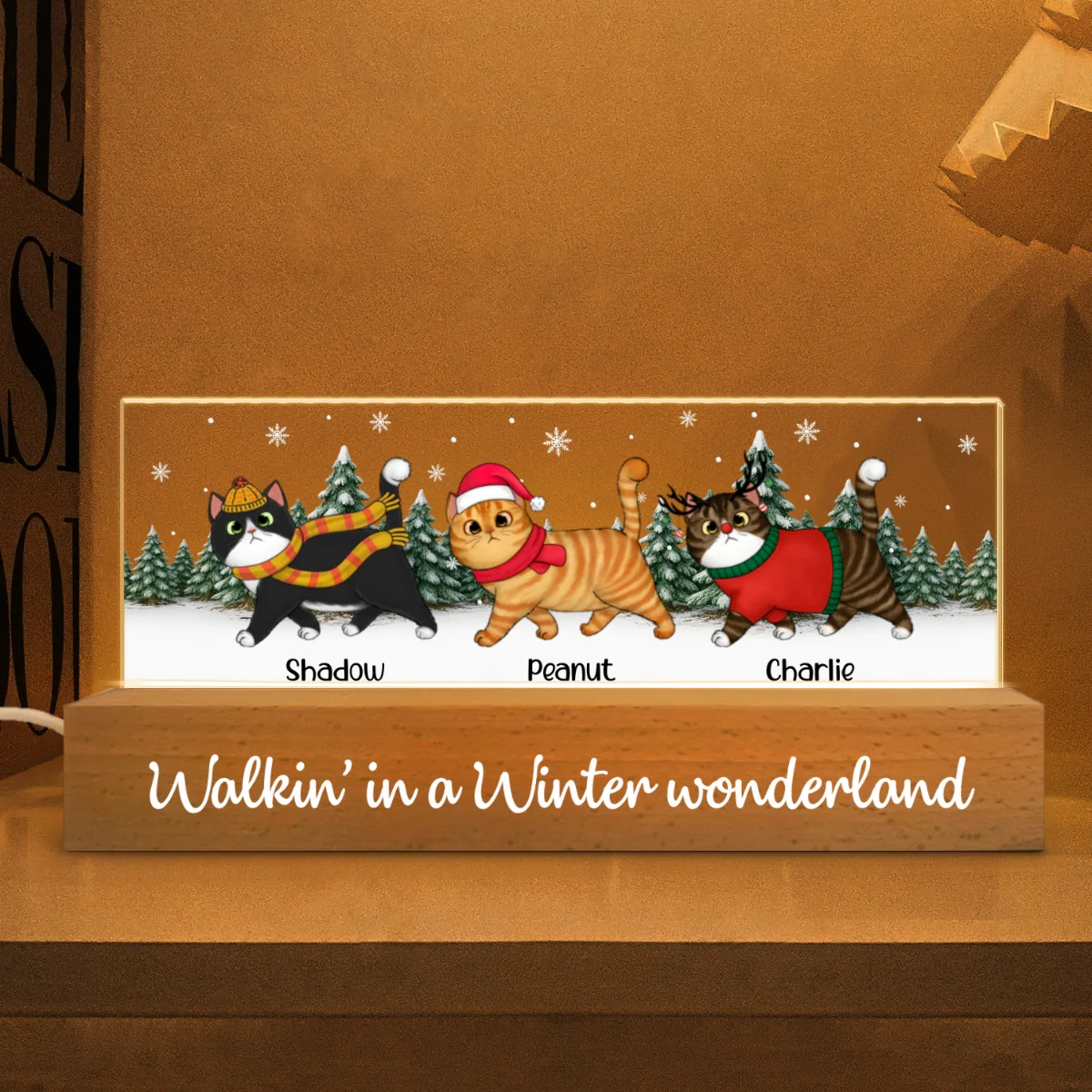 Christmas Cats Walking In A Winter Wonderland - Personalized Acrylic Block Plaque LED Night Light - Image 8