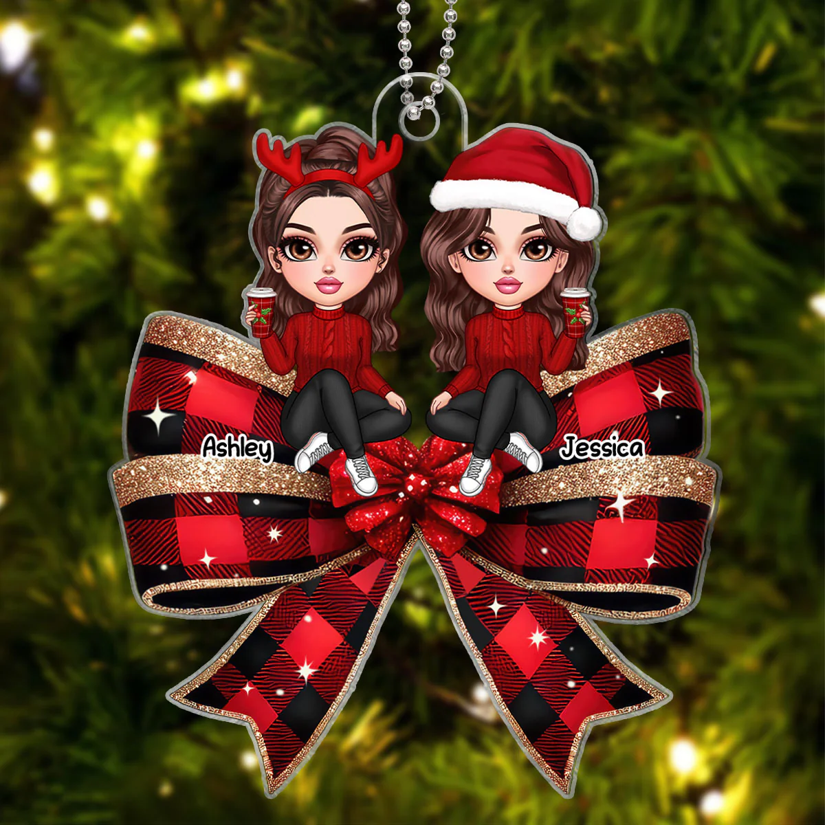 Christmas Checkered Coquette Bow Y2K Besties Personalized Acrylic Ornament, Christmas Gift For Best Friends - Image 3
