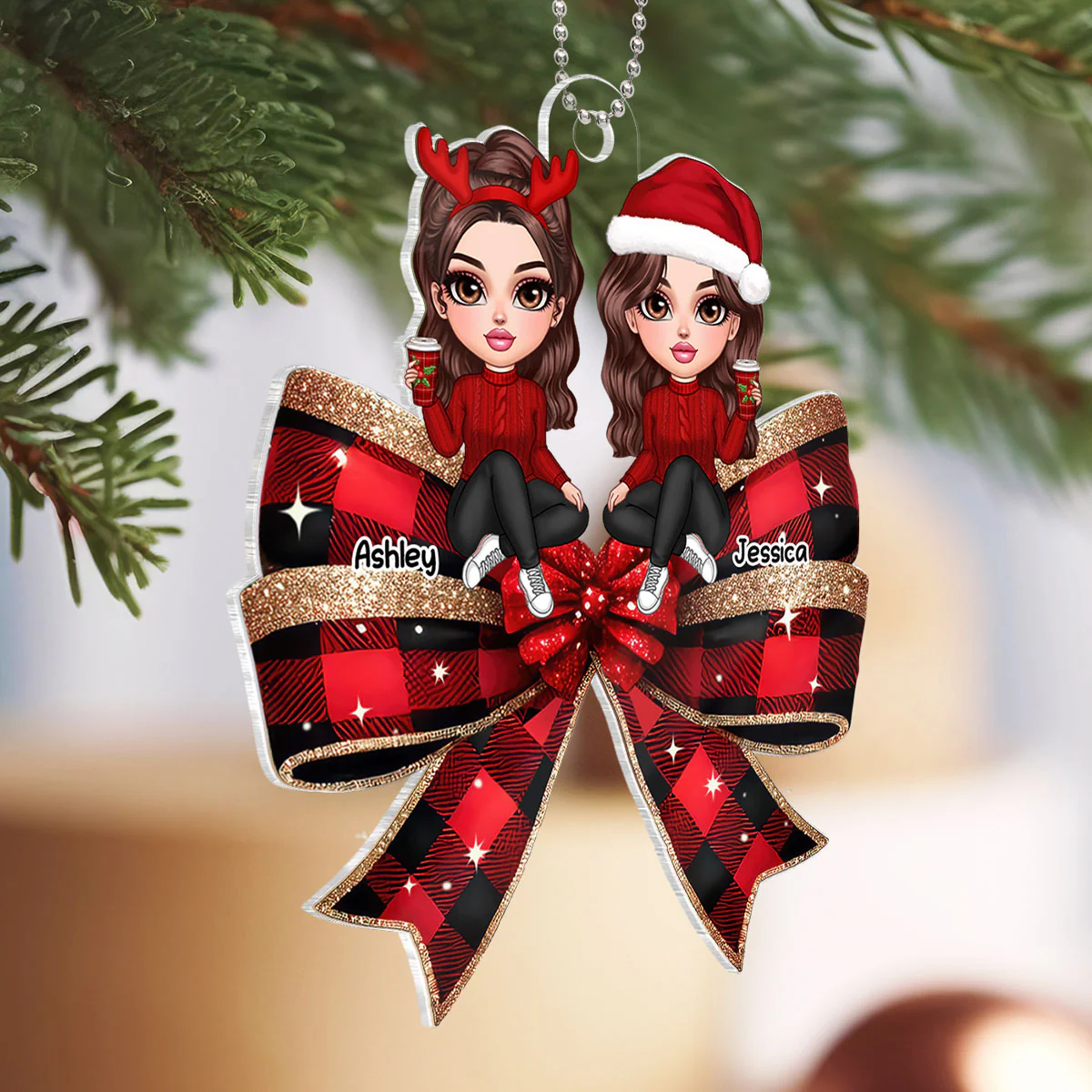 Christmas Checkered Coquette Bow Y2K Besties Personalized Acrylic Ornament, Christmas Gift For Best Friends - Image 5